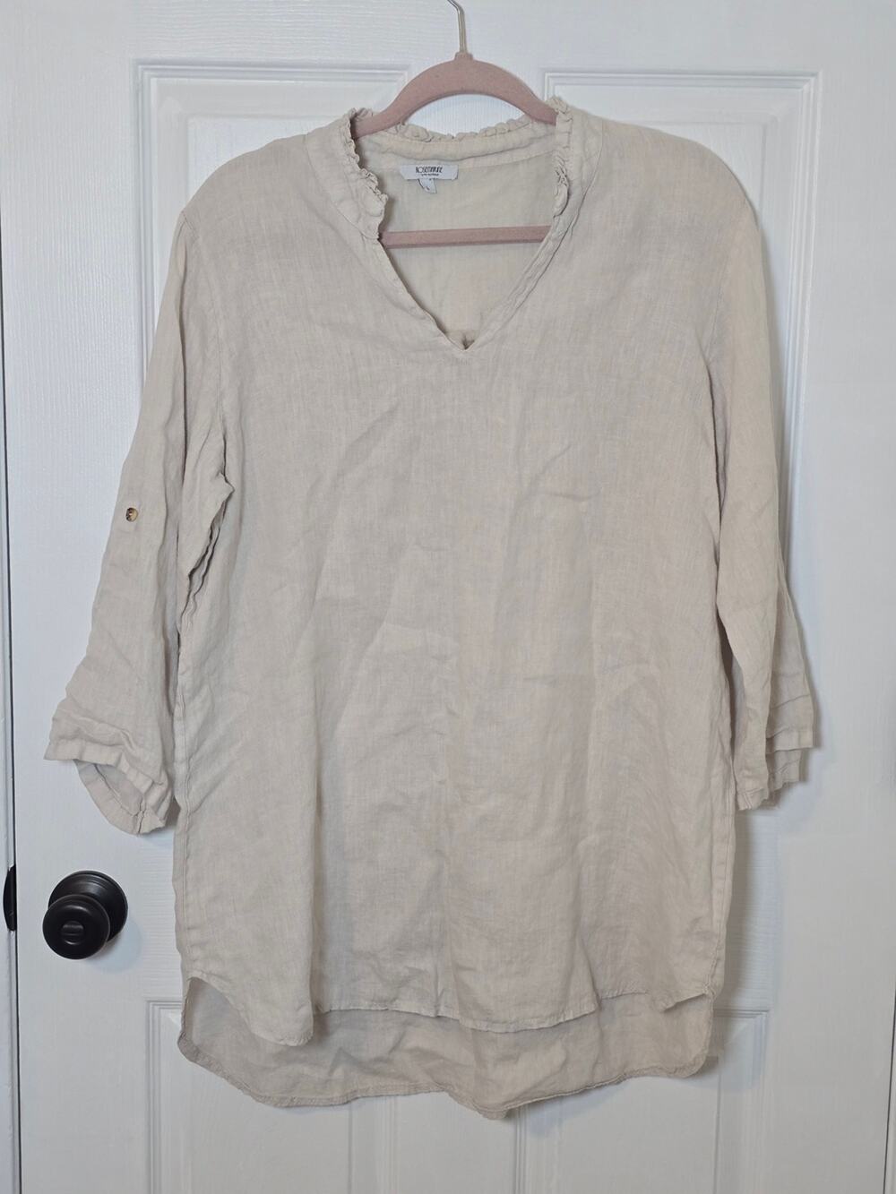 Rosemarine Cream Linen Tunic V Neck Relaxed Boho Top Large Summer Comfort
